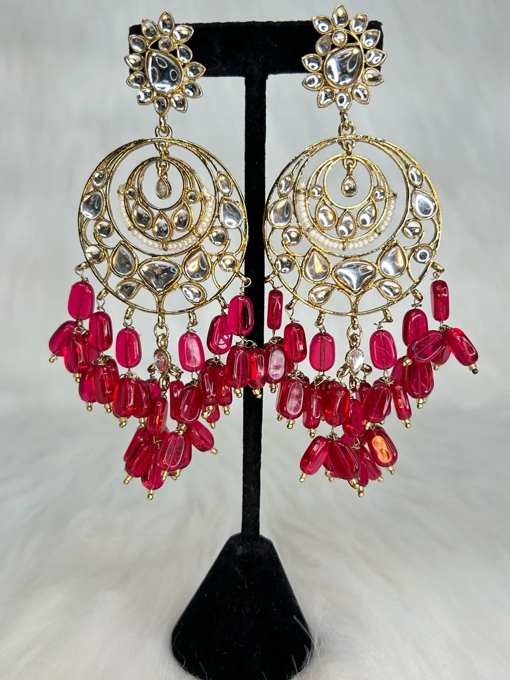 Hot Pink Gold Chandelier Lightweight Long Earrings